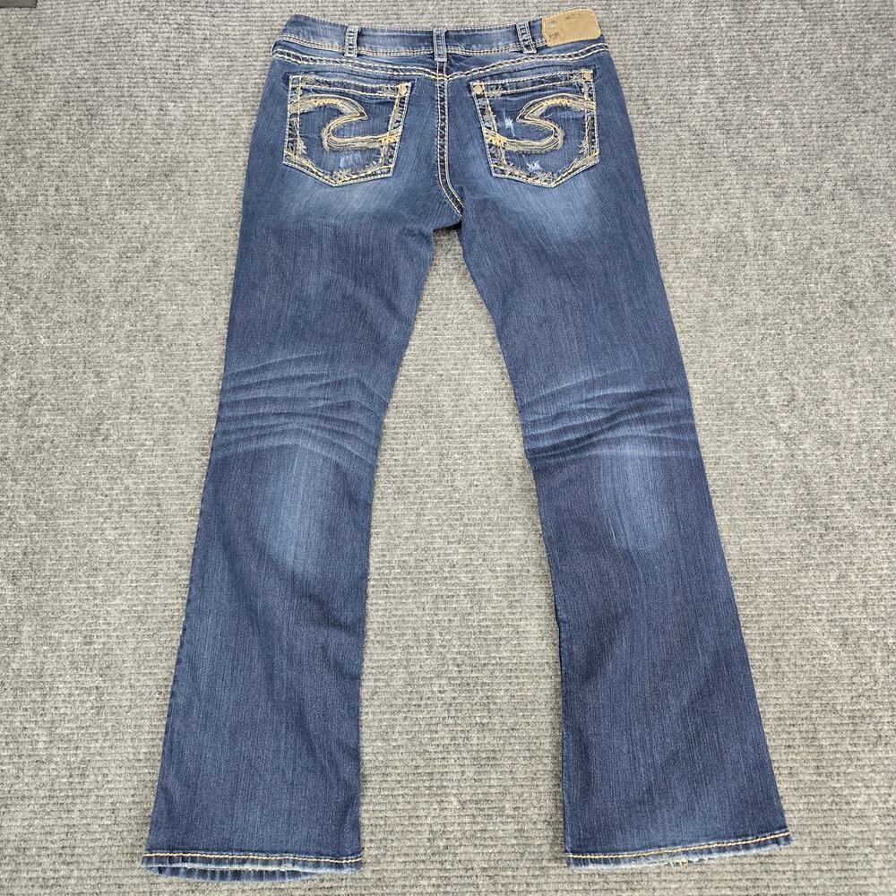 Silver Jeans Suki 17" Bootcut Jeans Womens 34x33 Blue Distressed Thick Stitch